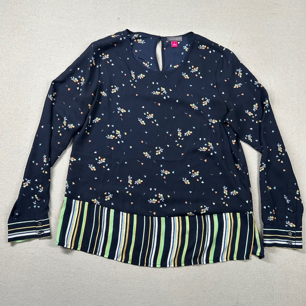 Vince Camuto Top Womens Sm Floral Tunic Navy Blouse Button Scoop Neck